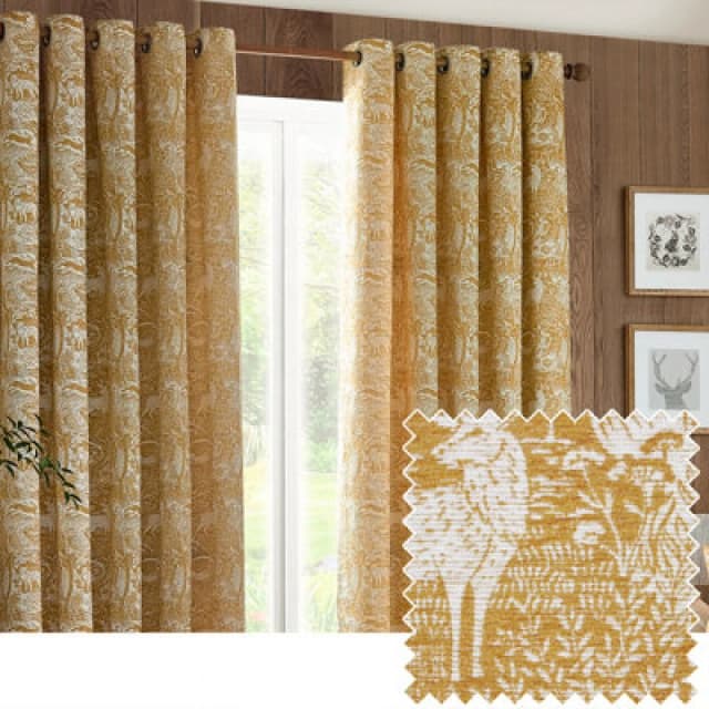 Winter Woods Animal Chenille Eyelet Curtains Ochre, Ochre / 117 x 137cm