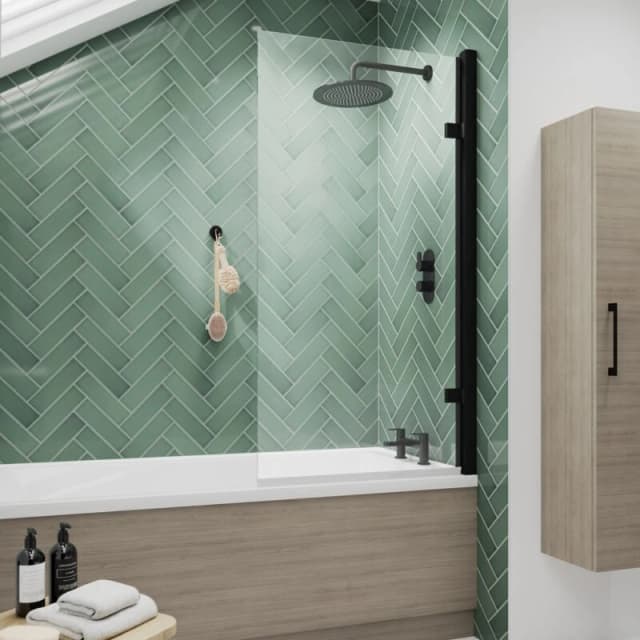 nuie Square 8mm Toughened Safety Glass Hinged Shower Bath Screen - Black NSSQ7BP