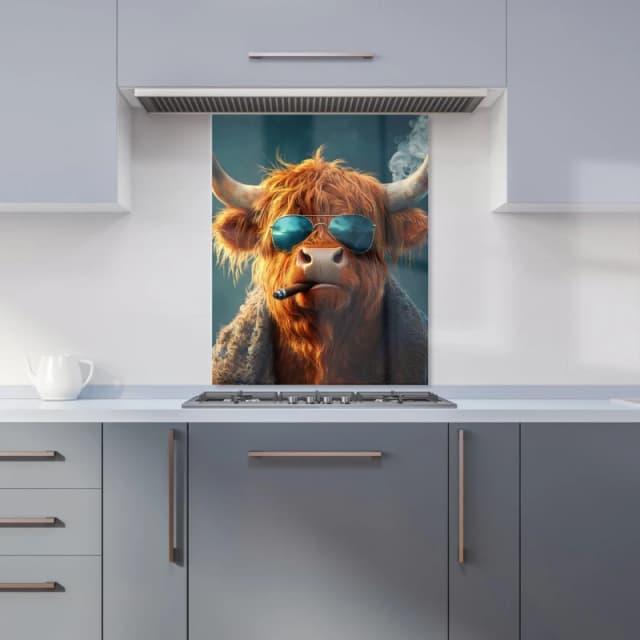 Warren Reed - Designer Highland Cow With Glasses Kitchen Splashback in Blue Size: 600mm x 750mm Blue Unisex 600mm x 750mm