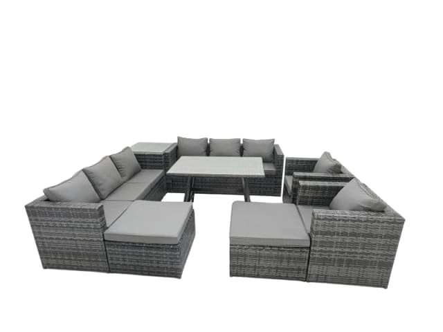 Fimous Rattan Dining Table Sofa Set with Side Table 2 Big Footstools 10 Seat in Dark Grey Dark Grey Unisex