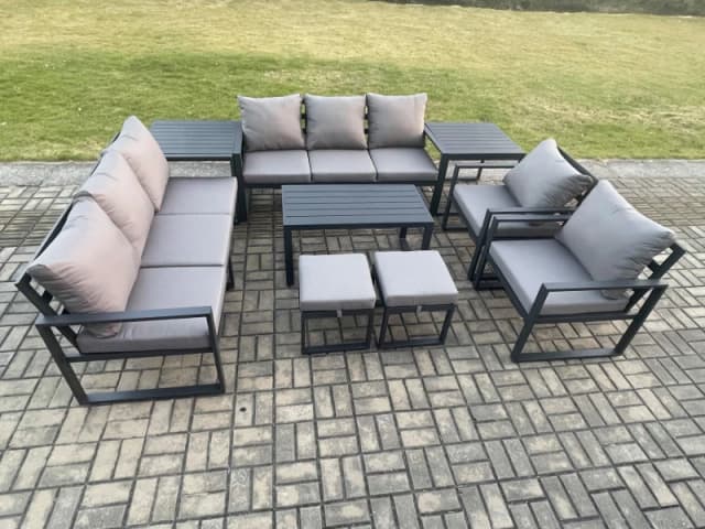 Fimous Aluminium Outdoor Garden Furniture Lounge Sofa 2 PC Chairs Oblong Coffee Table Sets with 2 Side Tables 2 Small Footstool Dark Grey Dark Grey Un