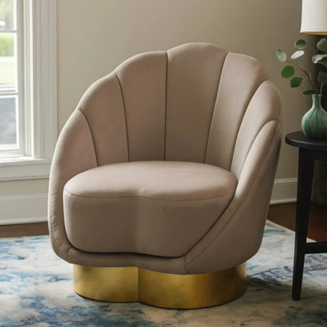 Orsina Mink Velvet Accent Chair, Mink Velvet Upholstery With Scalloped Shell Design, Gold Finish Curved Base