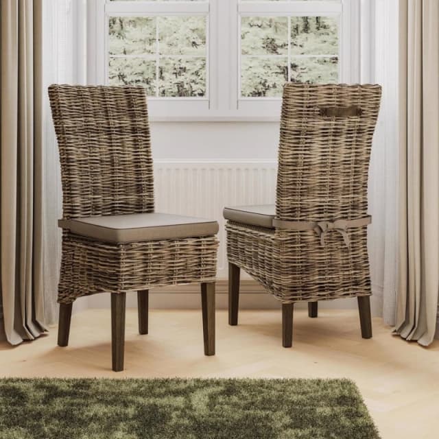 FWStyle Set Of 2 Solid Pine Rattan Greywash Dining Chairs Ready Assembled Grey