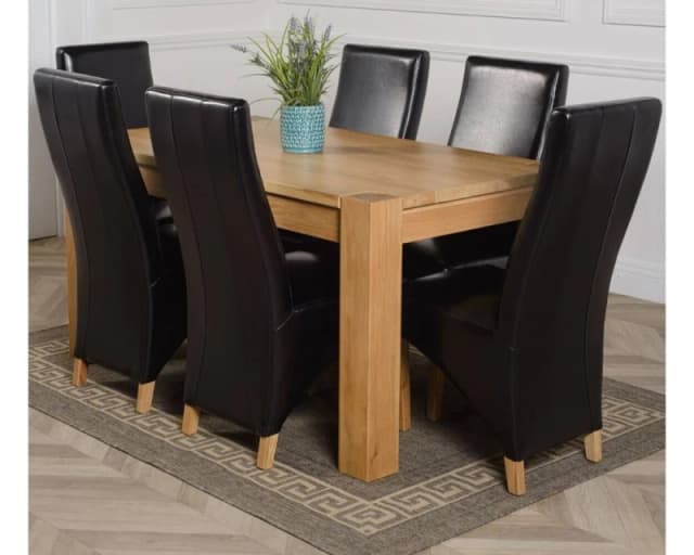 Thats Furniture Kuba 150 x 85cm Chunky Medium Oak Dining Table & 6 Lola Leather Chairs in Black Unisex 150 x 85 cm