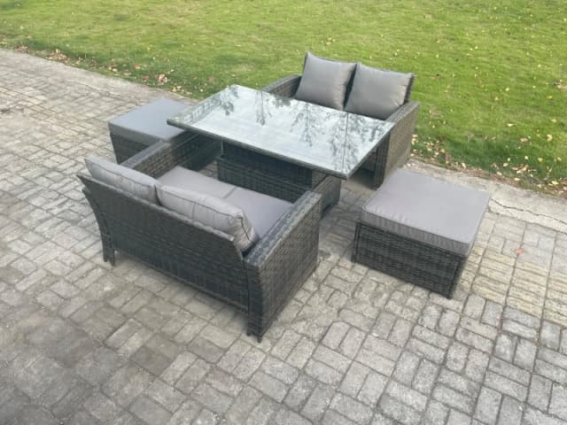 Fimous 5 Pieces Garden Furniture Sets Poly Rattan Outdoor Patio Height Adjustable Rising Lifting Table Sofa Dining Set with 2 Big Footstool Dark Grey