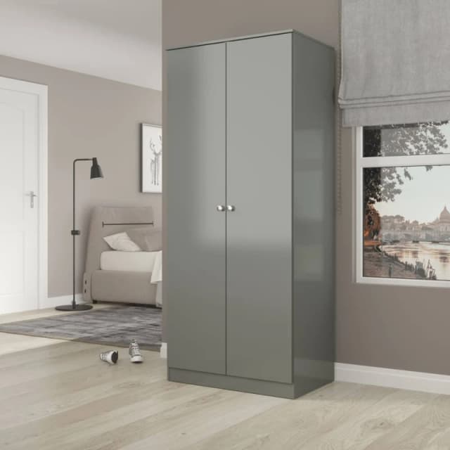 Denver 2 Door Double Wardrobe Grey Gloss Bedroom Hanging Storage Organisation