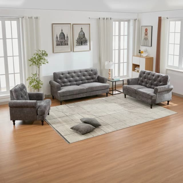 FURNITURE ONE Velvet Tufted Sofa Set, Gray Velvet Sectional Couch Suite-1+2+3 Set in Grey Size: 1 Pack Grey Unisex 1 Pack