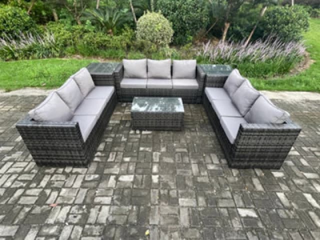 Fimous 9 Seater Outdoor Lounge Sofa Set Wicker PE Rattan Garden Furniture Set with Oblong Coffee Table 2 Side Tables Dark Grey Mixed Dark Grey