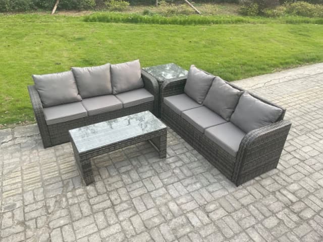 Fimous 6 Seater Outdoor Rattan Garden Furniture Set with Patio Lounge Sofa Set with Rectangular Coffee Table Side Table Dark Grey