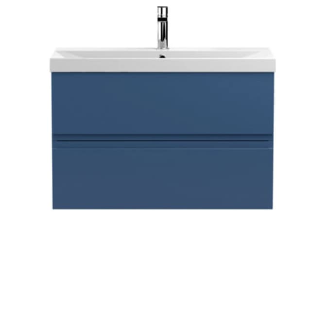 Nuie Hudson Reed Urban Wall Hung 2 Drawer Vanity Unit With Thin-Edge Ceramic Basin, Modern Bathroom Furniture In Satin Blue, 800mm