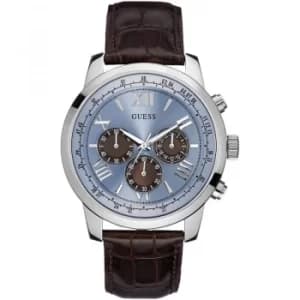 GUESS Mens brown crocodile leather strap watch with a blue dial.