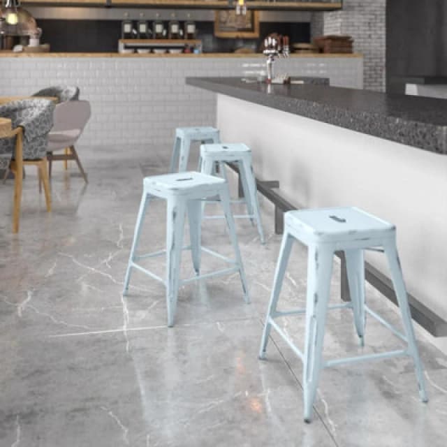FWStyle FWStyle Set Of 4 24" Baby Blue Metal Bar Stools Galvanised Steel Ready Assembled Blue One Size Unisex 5056413131362