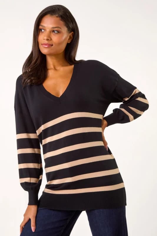 Roman Womens Stripe V-Neck Boyfriend Knit Jumper in Black Size: 10 Black Female 10