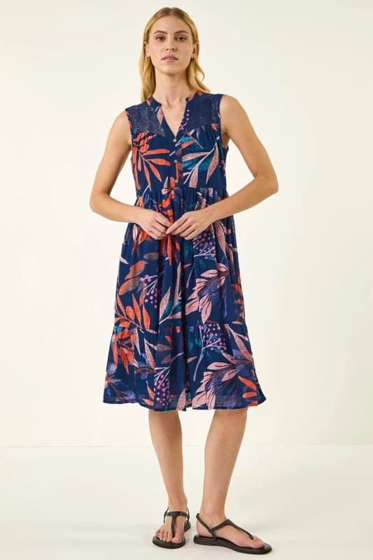Roman Womens Leaf Print V-Neck Tiered Dress in Navy Size: 14 Navy Female 14