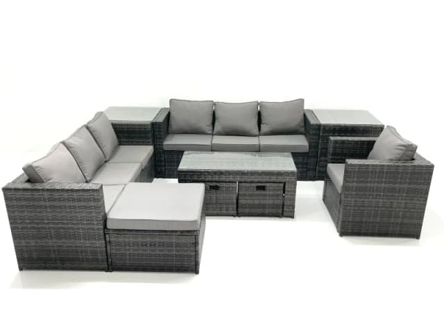 Fimous Outdoor Garden Furniture Set 10 Seater Rattan Sofa Set with Coffee Table 3 Big Footstools Armchair 2 Side Tables Dark Grey Mixed Dark Grey