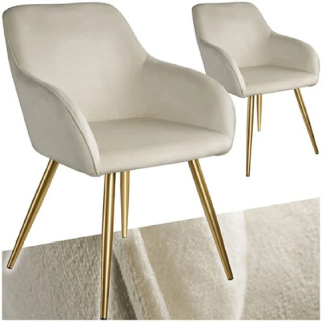Tectake Set Of 2 Chair Marilyn With Velvet Cover, Gold Steel Legs And Plush Padding - Cream/gold
