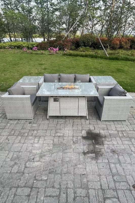 Fimous Light Grey Corner Rattan Garden Furniture Set Gas Fire Pit Heater Burner Lounge Sofa Light Grey