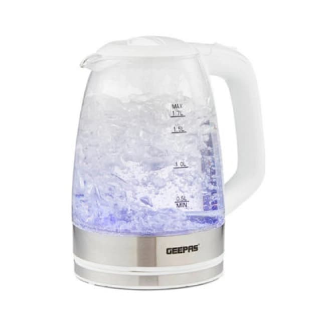 Geepas 1.7L Electric Blue LED Illuminating Glass Jug Kettle Cordless 2200W White