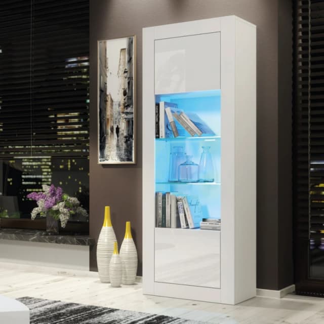 Creative Furniture Illume Display Cabinet 170cm - A Stylish and Modern Cabinet with Glass Shelves and LED Lights White