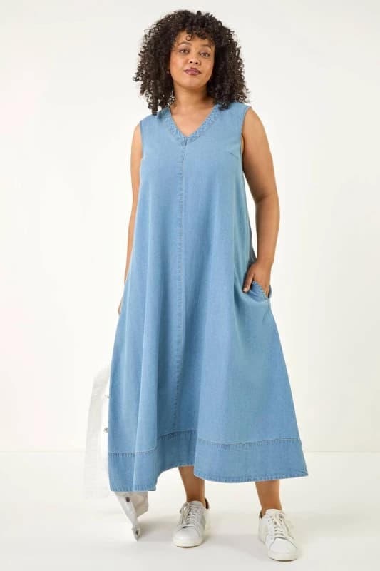 Roman Womens Curve V-Neck Swing Dress in Mid Blue Size: 22-24 Mid Blue Female 22-24