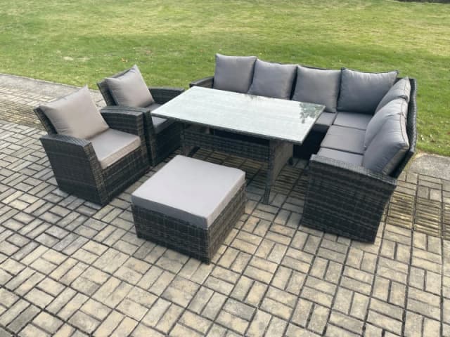 Fimous 9 Seater Garden Rattan Furniture Corner Sofa Dining Table Chairs Set with Big Footstool 2 Armchairs Indoor Outdoor Lounge Sofa Set in Dark Grey
