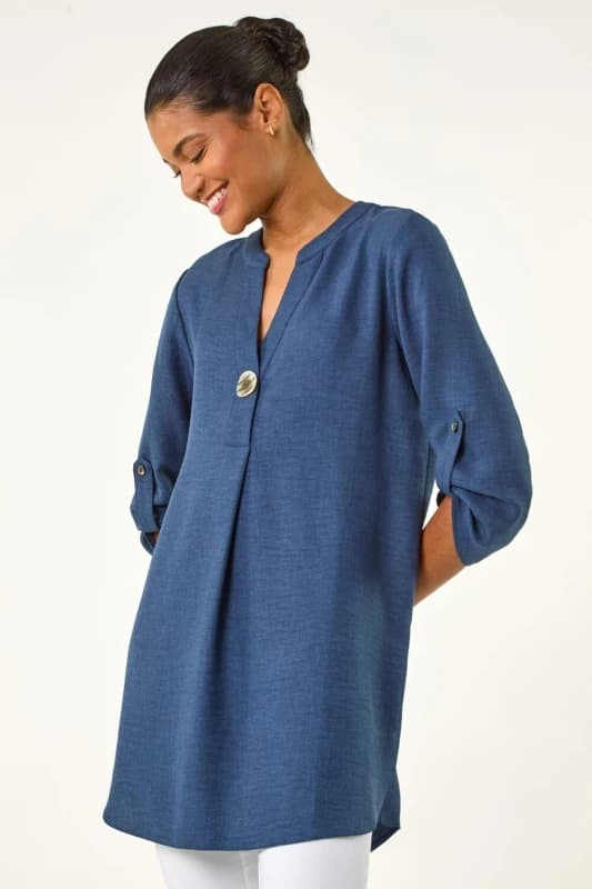 Roman Womens Horn Button Detail Longline Top in Mid Blue Size: 10 Mid Blue Female 10