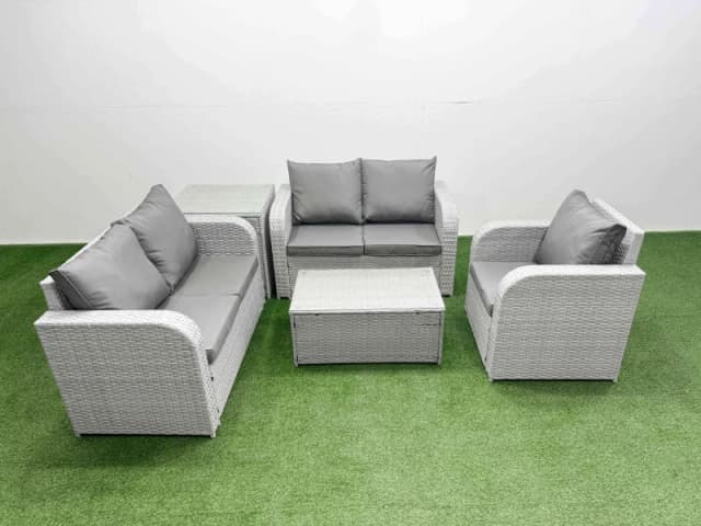 Fimous High Back Poly Rattan Garden Furniture Set with Reclining Chair Loveseat Sofa Rectangular Coffee Table Indoor Outdoor Patio Set Side Table Lig