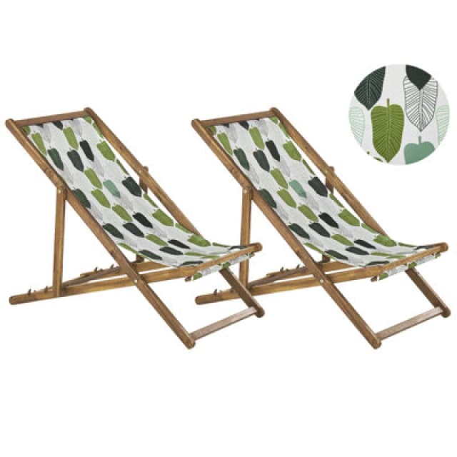 BELIANI Set of 2 Folding Deck Chairs ANZIO with Replacement Fabrics Floral Motif Acacia Wood Light Brown 311372