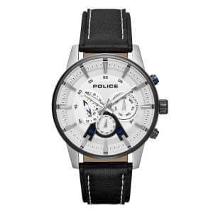 Police Black Leather Strap Watch with White Multi Dial