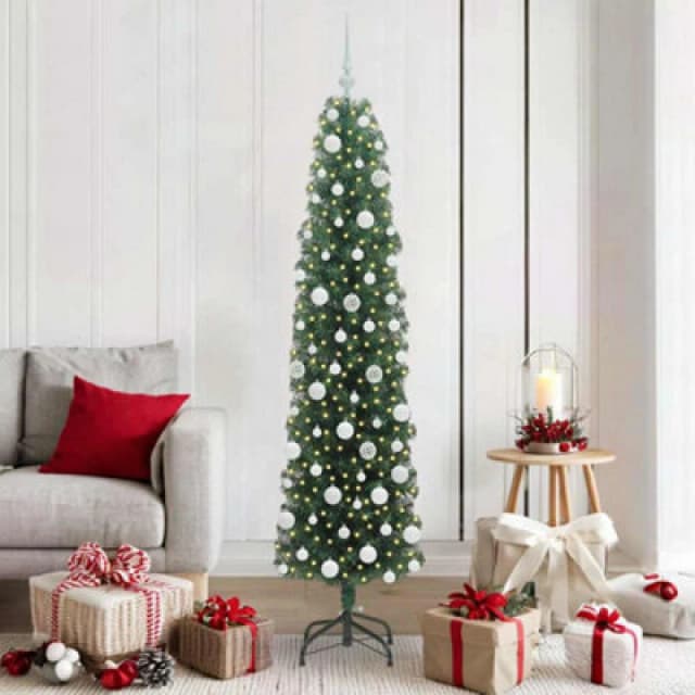 vidaXL Artificial Christmas Tree with 300 LEDs, White Balls with Stand Green 180 x 48 cm, Green 3394946