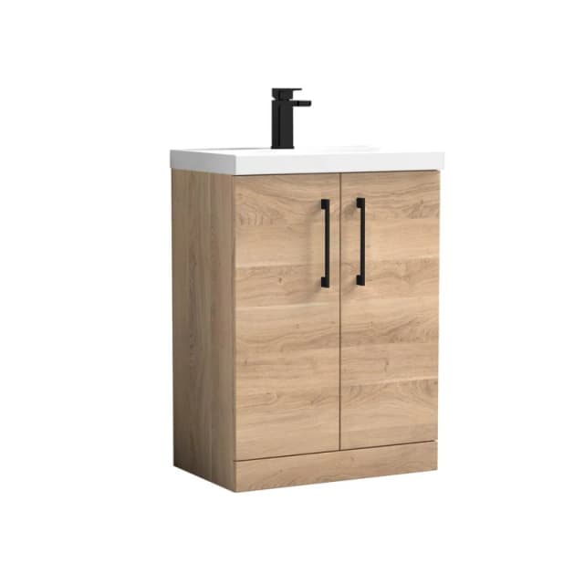 Balterley Level Contemporary Bathroom Floor Standing 2-Door Vanity & Basin, Bleached Oak, 600mm
