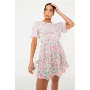 I Saw It First Blue Woven Floral Puff Sleeve Skater Dress - Blue