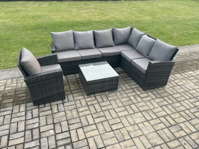 Fimous Wicker PE Outdoor Garden Furniture Set High Back Rattan Corner Sofa Set with Armchair Square Coffee Table in Dark Grey Dark Grey Unisex