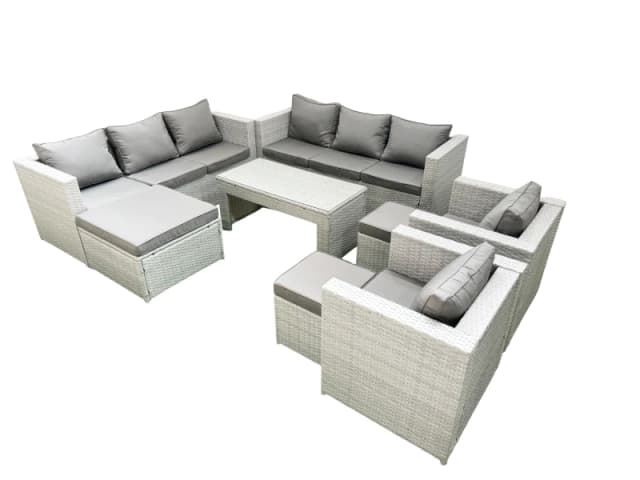 Fimous Outdoor Garden Furniture Rattan Sofa Set with 2 Armchairs Oblong Coffee Table 3 Footstools Light Grey Mixed Light Grey