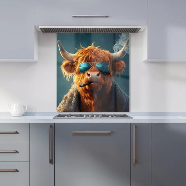 Warren Reed - Designer Highland Cow With Glasses Kitchen Splashback in Blue Size: 600mm x 650mm Blue Unisex 600mm x 650mm