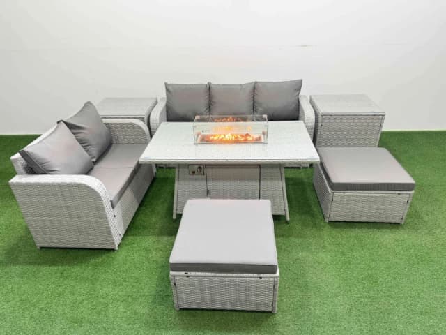 Fimous 7 Seater PE Rattan Wicker Garden Furniture Patio Conservatory Sofa Set with Firepit Dining Table 3 Seater Sofa Love Sofa 2 Big Footstool 2 Side