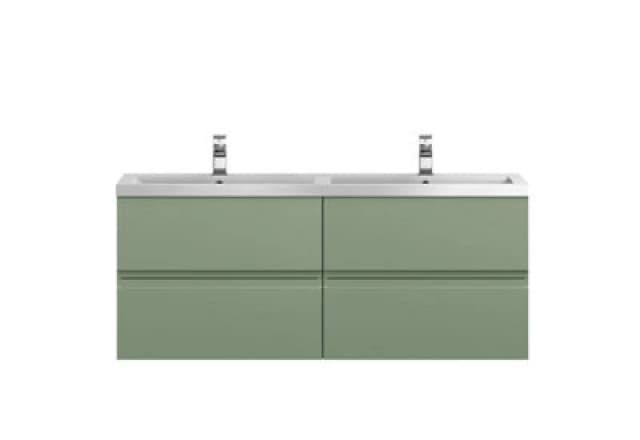 Nuie Hudson Reed Urban Wall Hung 4 Drawer Vanity Unit With Double Polymarble Basin, Modern Bathroom Furniture In Satin Green, 1200mm