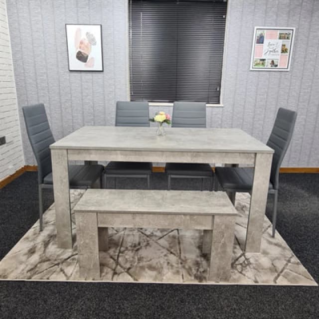 KOSY KOALA Dining Table and 4 Chairs With Bench Stone Grey Effect Wood Table 4 Grey Leather Chairs Dining Room Stone grey 117 + 4 grey metal + 1 bench