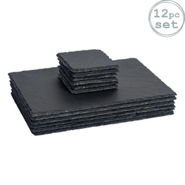 Argon Tableware 12Pc Slate Placemats & Coasters Set - Natural Slate Stone Dinnerware Dining Table Mats For Home Kitchen Dining