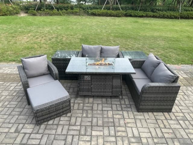 Fimous Rattan Garden Furniture Set with Gas Fire Pit Dining Table,2 Side Tables and Big Footstool Indoor Outdoor 7 piece Loveseat Sofa set Dark Grey
