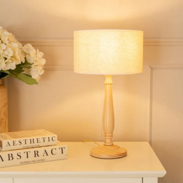 ValueLights Victoria Light Wood Candlestick Table Lamp with Linen White Trim Shade & Bulb Natural