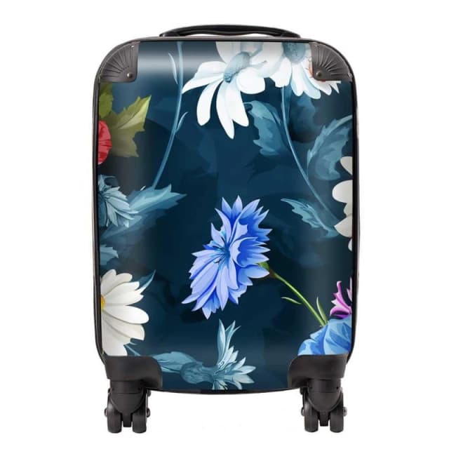 Warren Reed - Designer Poppy Flowers With Chamomile, Leaves, Cornflowers On Dark Blue Suitcase Size: Large Blue Unisex Large