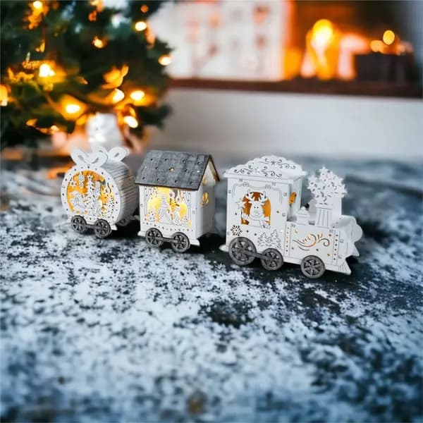 Wooden Festive Light Up Christmas Train Ornament Decoration Pre-Lit White ELV-989463