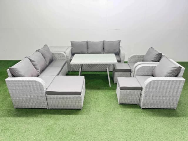 Fimous Rattan High Back Lounge Sofa Set with Reclining Chair Side Table Stool in Light Grey Light Grey Unisex