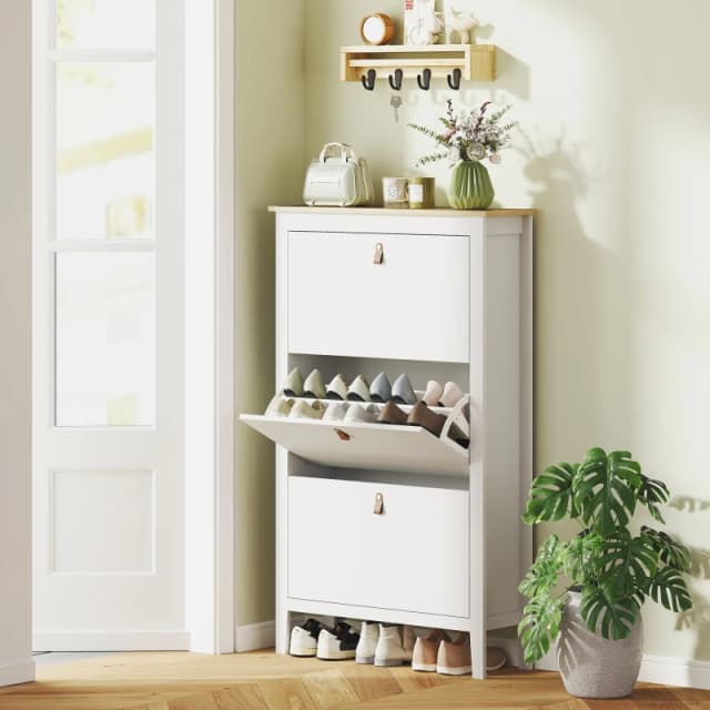 HOMCOM HOMCOM Narrow Shoe Cabinet with 3 Flip Doors, Removable and Adjustable Shelves in White Size: Medium White Medium Unisex 5063603206731