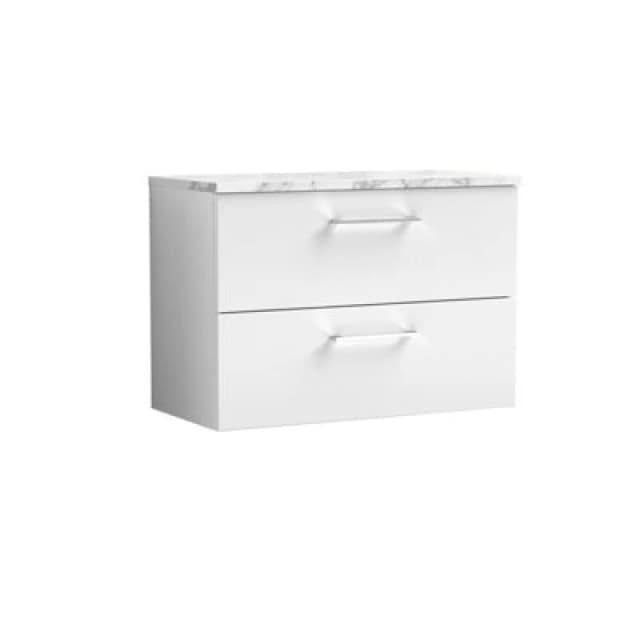 NUIE Arno Wall Hung 2-Drawer Vanity Unit with Carrera Marble Worktop 800mm Wide - Gloss White - Nuie ARN126LCM