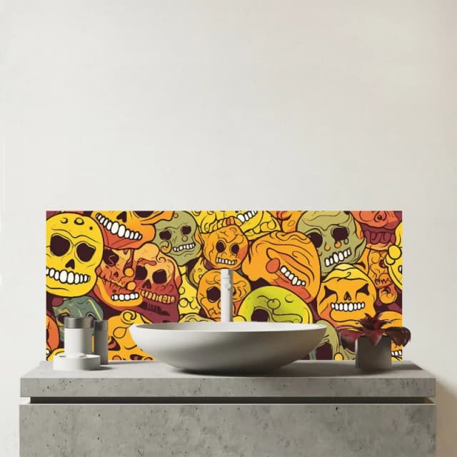 Warren Reed - Designer Autumnal Skulls Pattern Glass Bathroom Splashback in Orange Orange Unisex