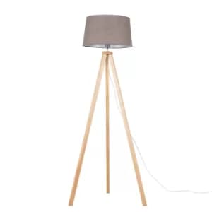 Barbro Light Wood Tripod Floor Lamp with Grey Doretta Shade