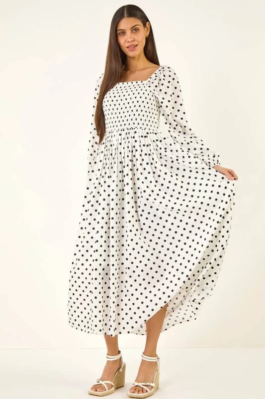 Roman Womens Polka Dot Shirred Midi Dress in White Size: 14 White Female 14