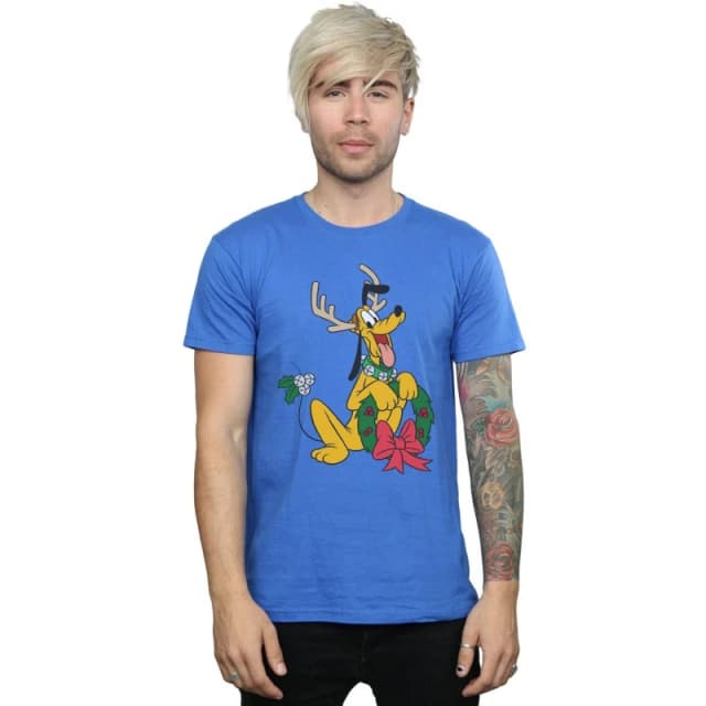 Disney Men Pluto Christmas Reindeer T-Shirt in Blue Size: Small Blue S Male 5059400324570